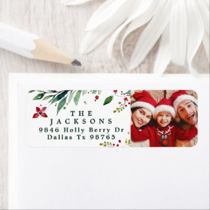 Christmas Floral Watercolor Photo Return Address 