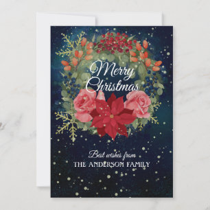Christmas floral watercolor wreath red poinsettia  holiday card