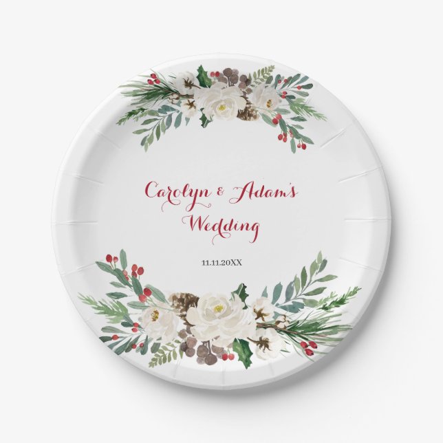 Christmas Floral wedding Party Paper Plates (Front)