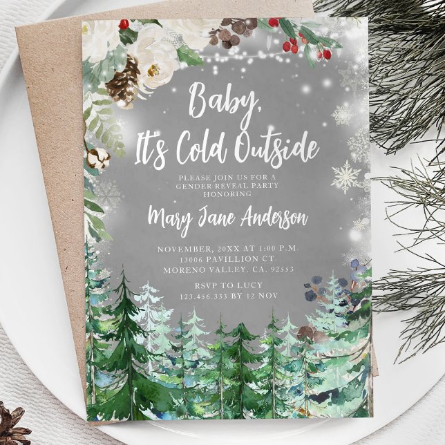 Christmas Floral White Snowflakes Gender Reveal Invitation (Creator Uploaded)