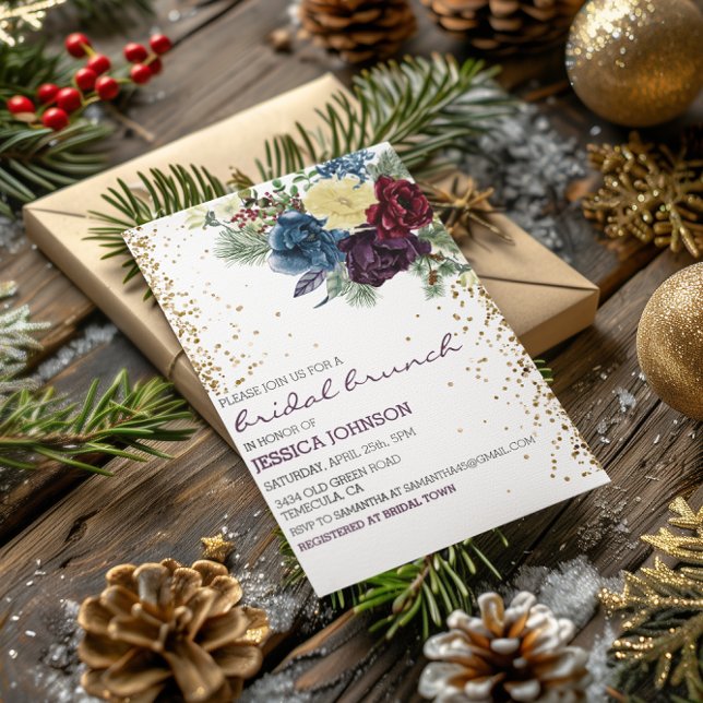 Christmas Floral Winter Bridal Brunch Gold Invitation (Creator Uploaded)