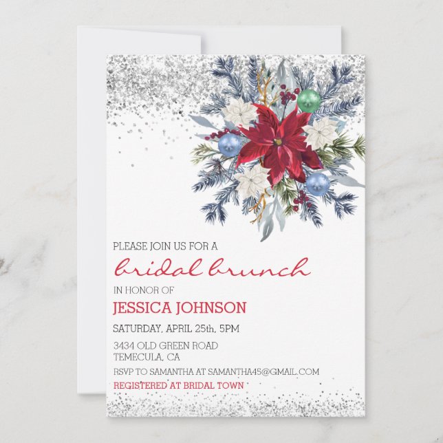 Christmas Floral Winter Bridal Brunch Poinsettia  Invitation (Front)