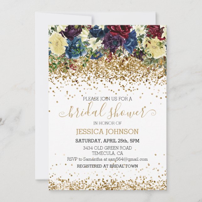 Christmas Floral Winter Bridal Shower Gold Invitation (Front)