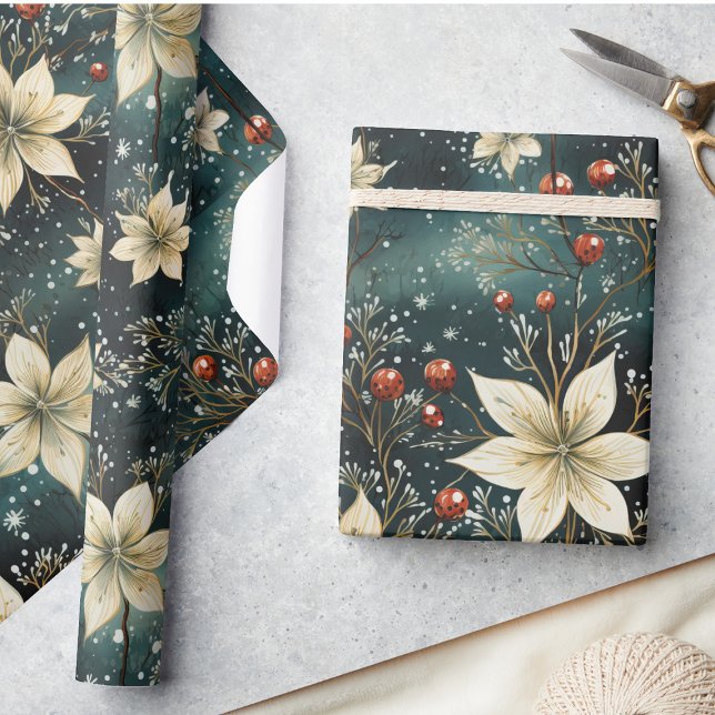 Christmas Floral Winter Cream Poinsettia  Wrapping Paper (Creator Uploaded)