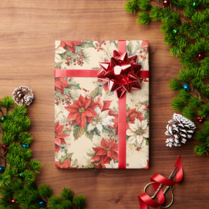 Christmas Floral Winter Large Poinsettias Cream Wrapping Paper