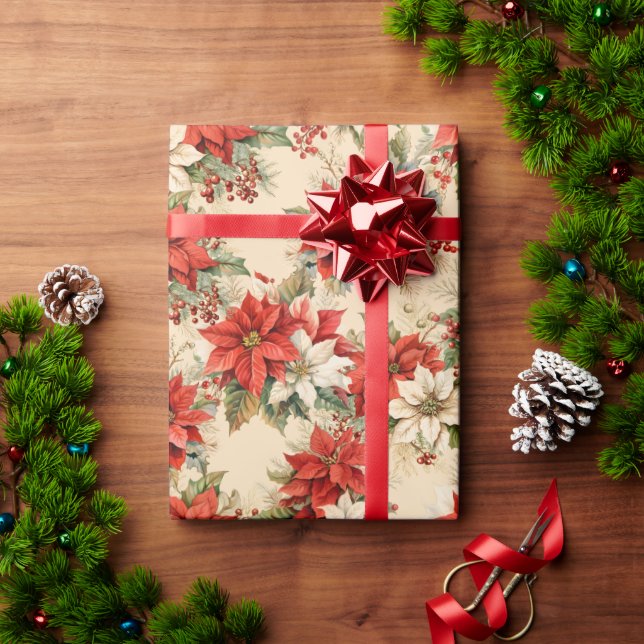 Christmas Floral Winter Large Poinsettias Cream Wrapping Paper (Holiday Gift)