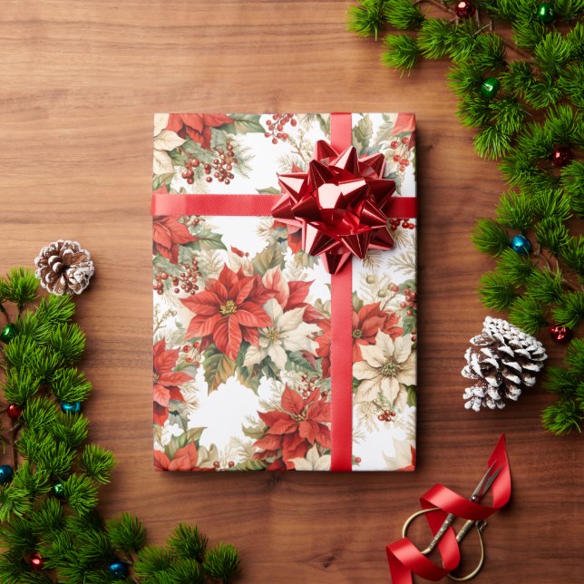 Christmas Floral Winter Large Poinsettias Wrapping Paper (Holiday Gift)