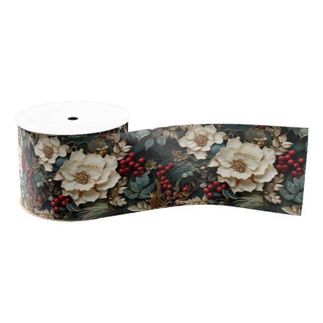 Christmas Floral with White Flowers & Greenery Grosgrain Ribbon (Spool)