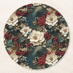 Christmas Floral with White Flowers & Greenery Round Paper Coaster