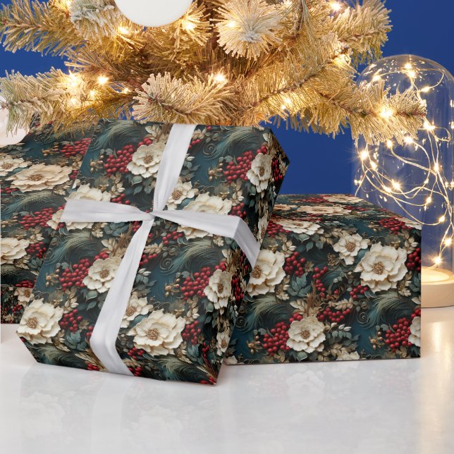 Christmas Floral with White Flowers & Greenery Wrapping Paper (Holidays)