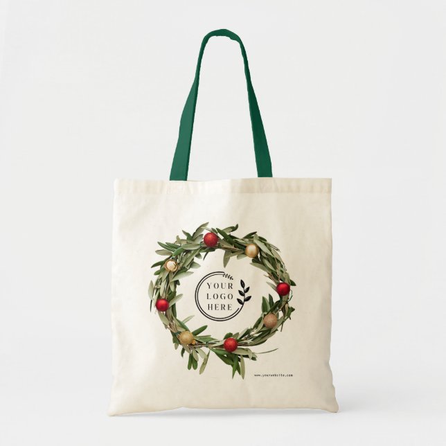 Christmas Floral Wreath Custom Company Logo Budget Tote Bag (Front)