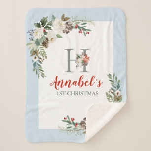 Christmas floral wreath floral monogram sherpa blanket