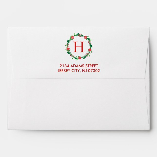 Christmas Floral Wreath Monogram Logo Envelope (Back (Top Flap))