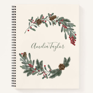 Christmas Floral Wreath Personalised Script Name Notebook