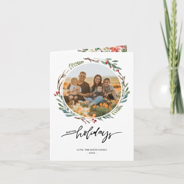 Christmas Floral Wreath Season's Greetings 2 Photo Holiday Card (Front)