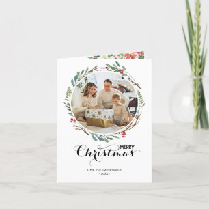 Christmas Floral Wreath Season's Greetings 3 Photo Holiday Card