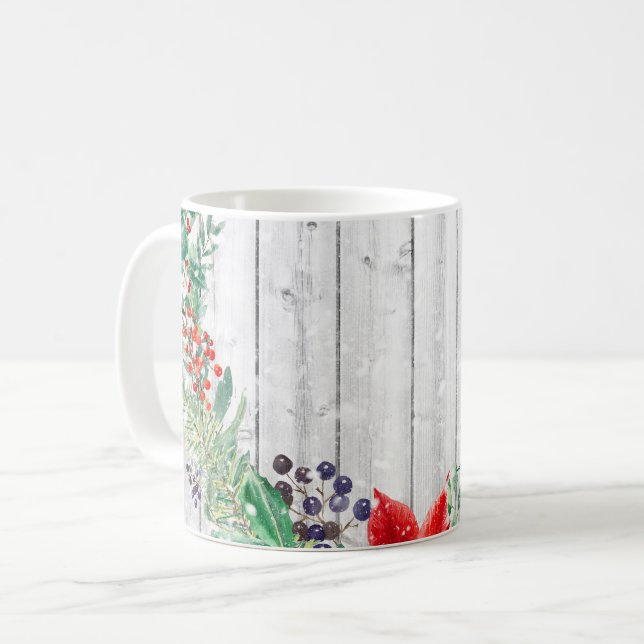 Christmas Floral Wreath Wooden Planks Coffee Mug (Front Left)