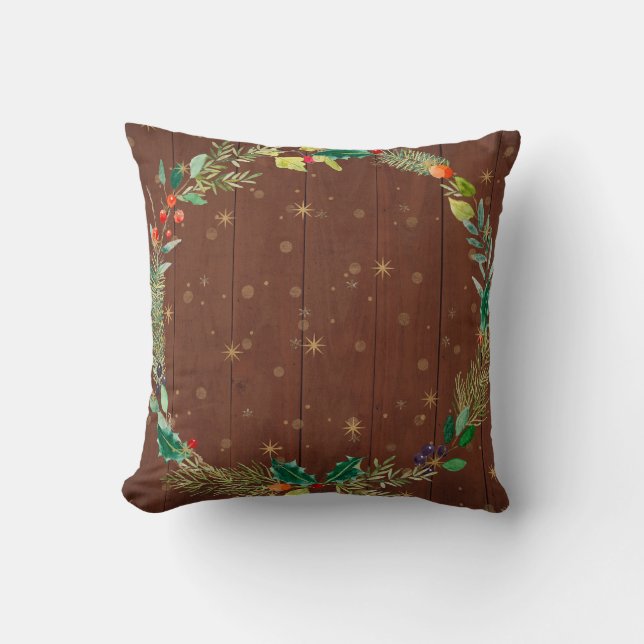 Christmas Floral Wreath Wooden Planks Cushion (Front)