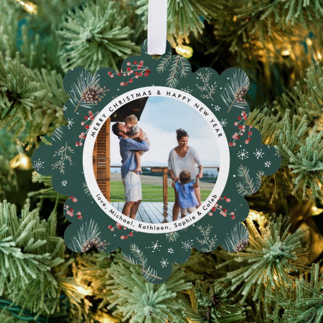 Christmas Florals | Red & Green Botanical Photo Tree Decoration Card (Insitu (Tree))