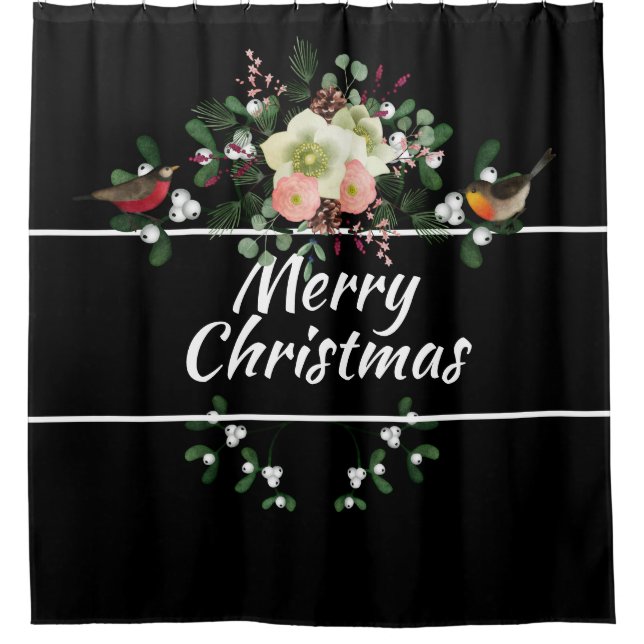 Christmas Florals with Birds, Merry Christas Shower Curtain (Front)