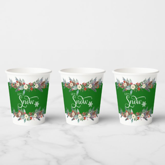 Christmas flower border-Let it snow typography 2 Paper Cups (Multi)