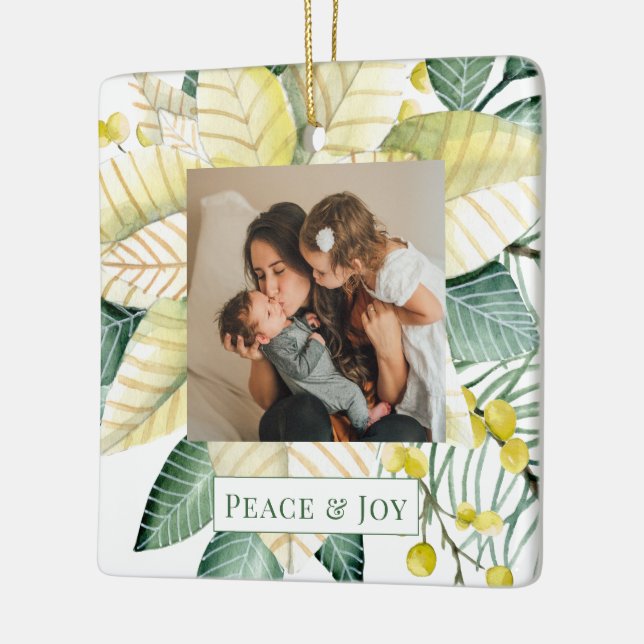 Christmas Flower Peace And Joy Holiday Photo Ceramic Ornament (Left)
