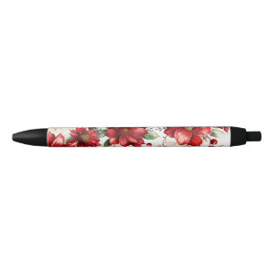 Christmas Flower Poinsettia Red Green Pattern Black Ink Pen