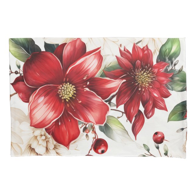 Christmas Flower Poinsettia Red Green Pattern Pillowcase (Front)
