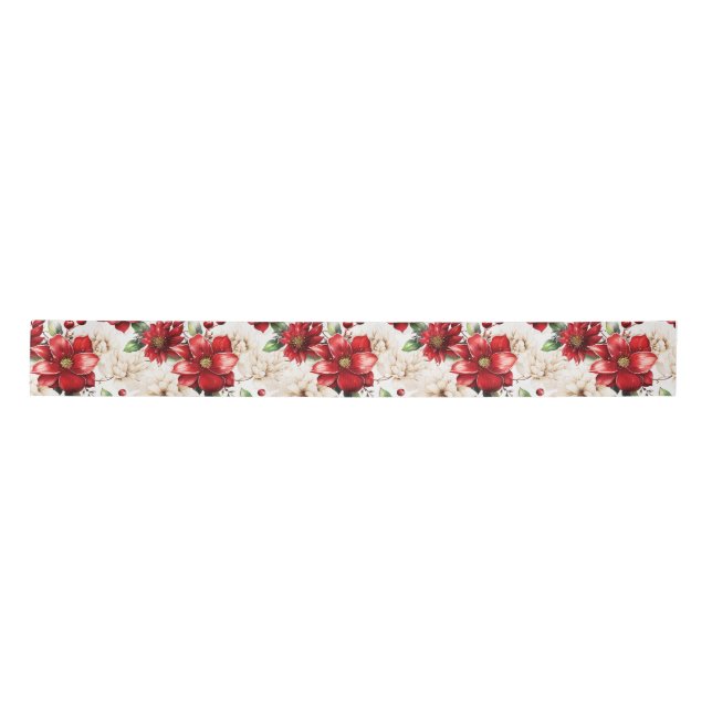 Christmas Flower Poinsettia Red Green Pattern Satin Ribbon (Front)