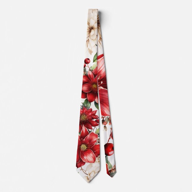 Christmas Flower Poinsettia Red Green Pattern Tie (Front)