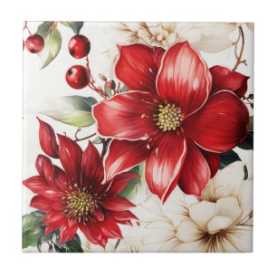 Christmas Flower Poinsettia Red Green Pattern Tile