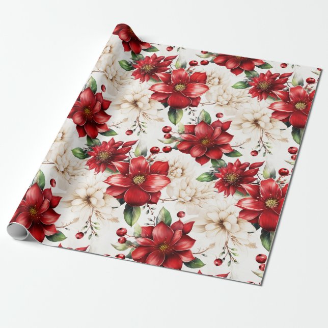 Christmas Flower Poinsettia Red Green Pattern Wrapping Paper (Unrolled)