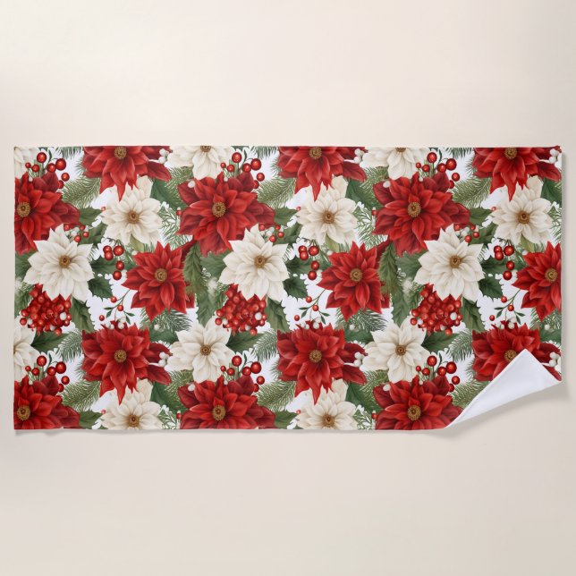 Christmas Flower Seamless Pattern Beach Towel (Front)
