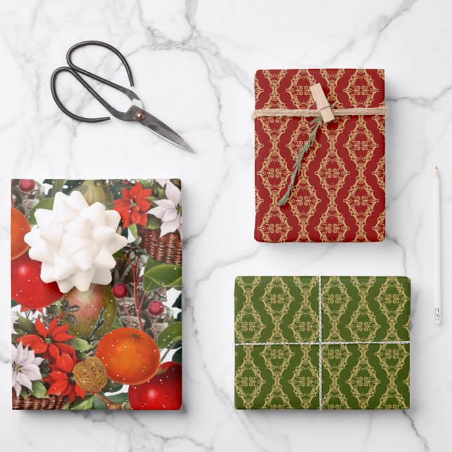 Christmas flowers and fruit wrapping paper sheet (Front)