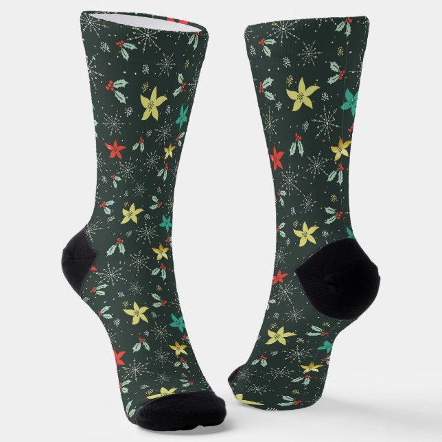 Christmas flowers and white snowflakes pattern socks (Angled)