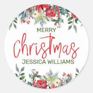 Christmas flowers border & modern typography classic round sticker