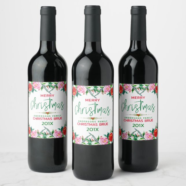 Christmas flowers border & modern typography wine label (Bottles)
