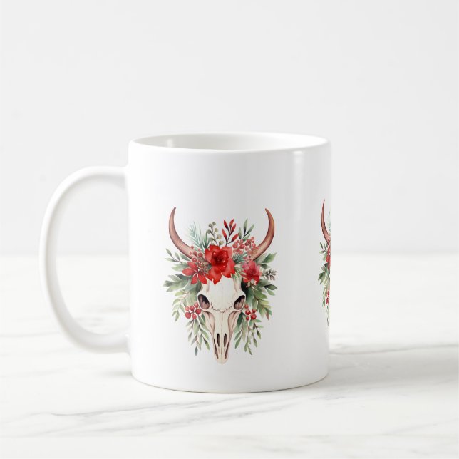 Christmas flowers bull skull coffee mug (Left)