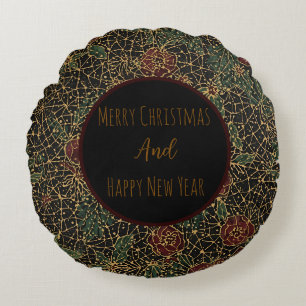 Christmas Flowers Pattern, New Year Celebrate, Round Cushion