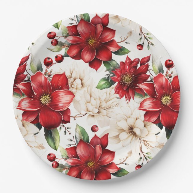 Christmas Flowers Poinsettia Red Green Pattern Paper Plate (Front)