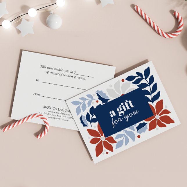 CHRISTMAS FLOWERS RED BLUE SILVER SPECIAL (GIFT CERTIFICATE CHRISTMAS THEMED WITH BLUE LEAVES AND RED FLOWERS AND BERRIES. )