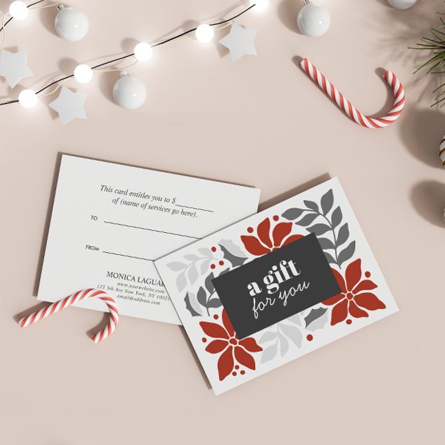 CHRISTMAS FLOWERS RED GRAY SILVER SPECIAL (Gray Red neutral colors Holiday Greenery Gift Voucher or Gift Card for beauty business nail salon )