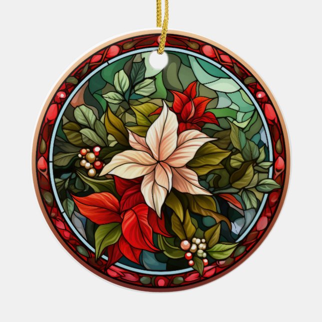 Christmas flowers  stained glass style ceramic tree decoration (Front)