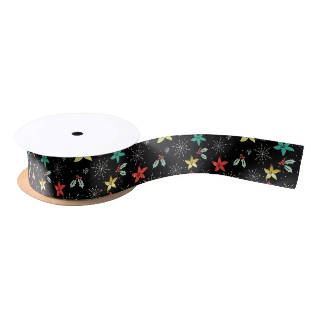 Christmas Flowers & Winter Foliage Pattern Satin Ribbon (Spool)