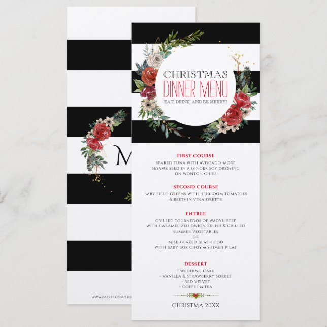 Christmas flowers wreath and stripes invitation (Front/Back)