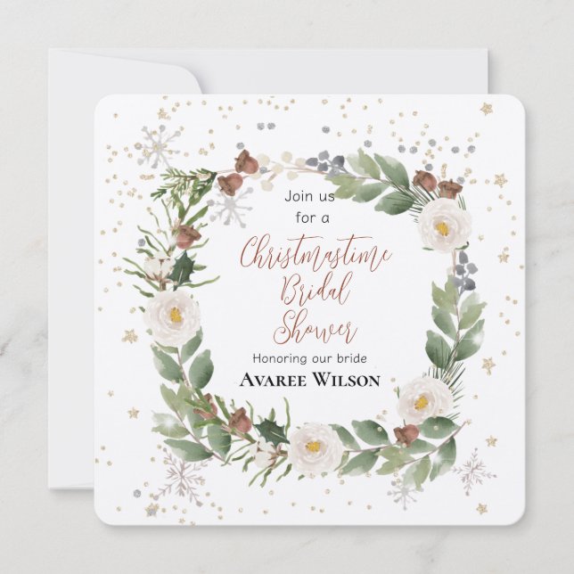 Christmas Flowers Wreath Bridal Shower Invitation (Front)