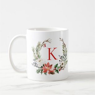 Christmas Flowers Wreath Custom Monogram Coffee Mug