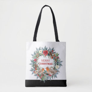 Christmas flowers wreath robin birds tote bag