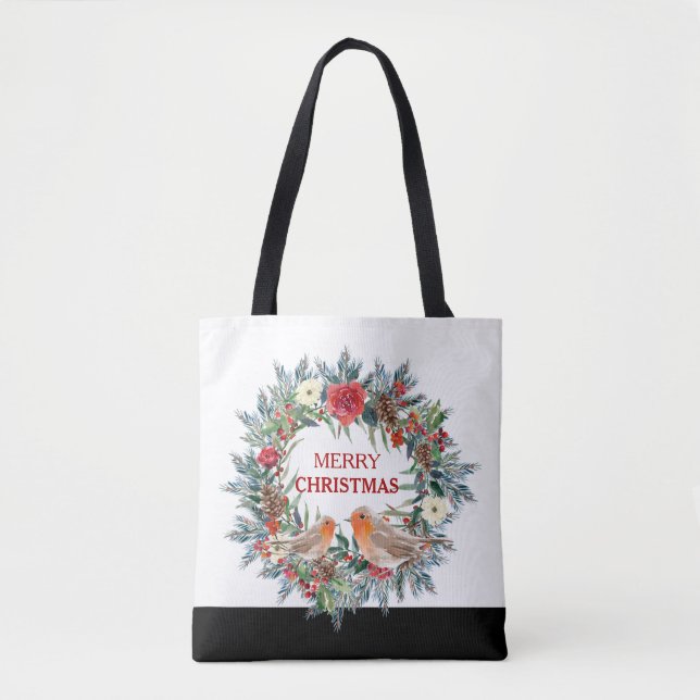 Christmas flowers wreath robin birds tote bag (Front)