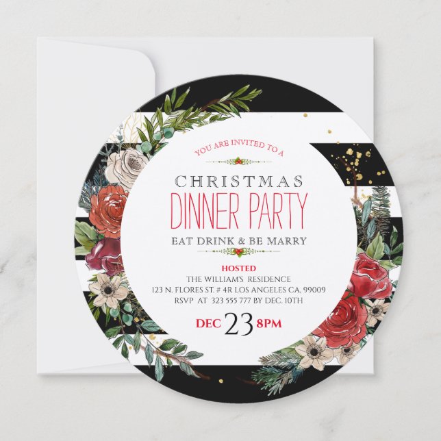 Christmas Flowers Wreath & Stripes Diner Invite (Front)